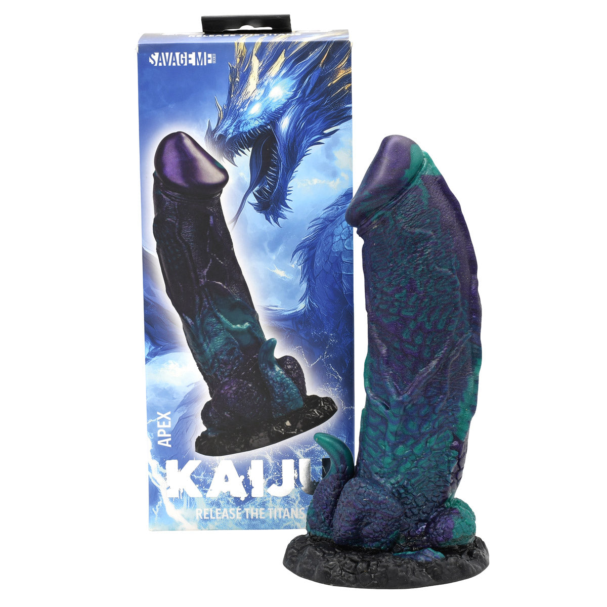 SavageMe Toys Kaiju Apex adult dildo shown in black with textured surface and realistic design for adult pleasure.