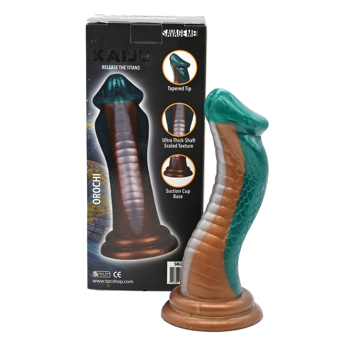 SavageMe Toys Kaiju Serpent Oro adult dildo with detailed serpent design, realistic texture, and vibrant colors.