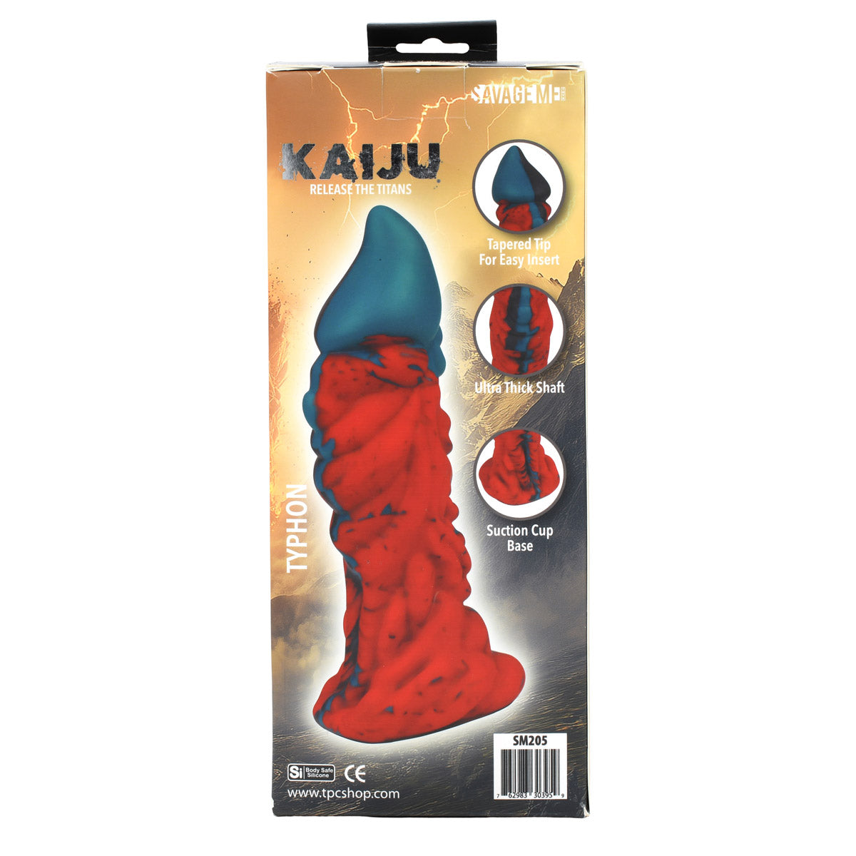 SavageMe Toys Kaiju Typhon adult dildo with textured surface and realistic design, featuring vibrant colors and detailed craftsmanship.