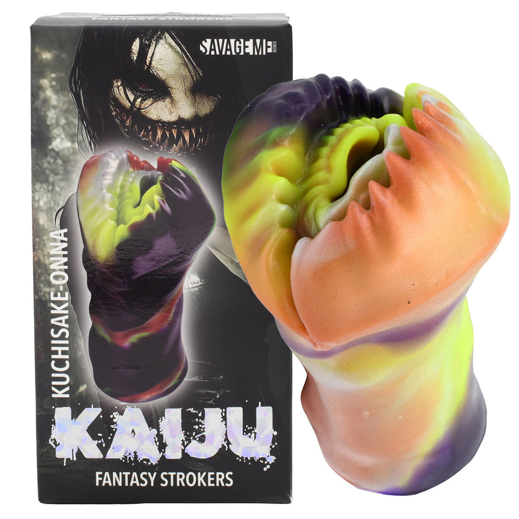 SavageMe Toys KAIJU Kuchisake-Onna adult stroker with detailed interior for realistic sensation, black exterior, compact design.